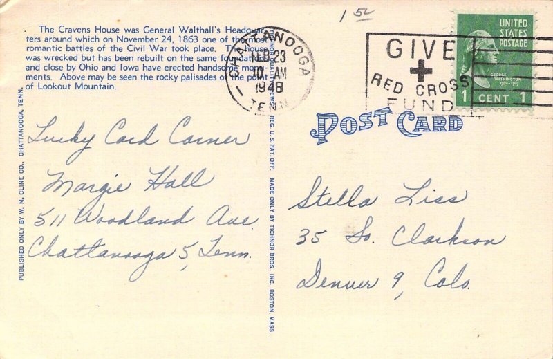 Linen Era, Civil War, Cravens House, Lookout Mountain, Tenn, Msg, Old Postcard