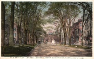 Vintage Postcard 1920's Old State St. Longfellow Monument Portland Maine ME