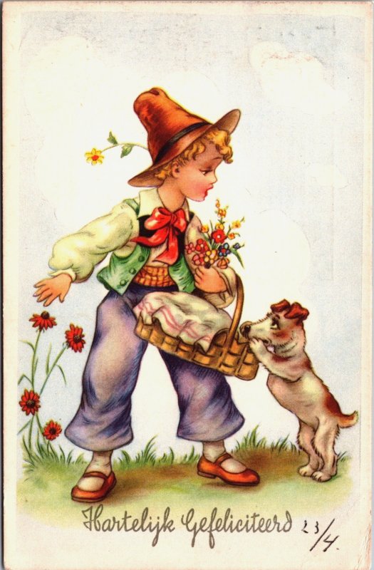 Happy Birthday, Children Boy With Dog Vintage Postcard C187