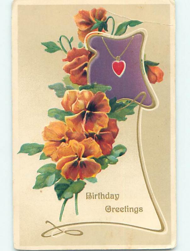 Bent Corner Div-Back birthday ORANGE PANSY FLOWERS & HEART ON A CHAIN o9008