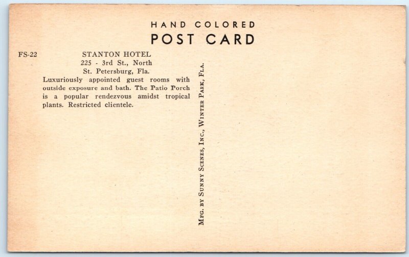 c1940s St. Petersburg, Fla. Stanton Hotel Patio Porch SHARP Hand Colored PC A170