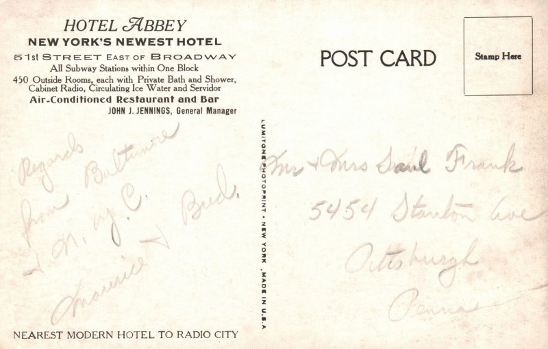 Vintage Postcard Hotel Abbey Newest Hotel Restaurant Bar 51st St. New York City