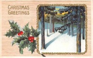 Holiday  CHRISTMAS GREETINGS Framed Snowy Scene~Holly ca1910's Embossed Postcard