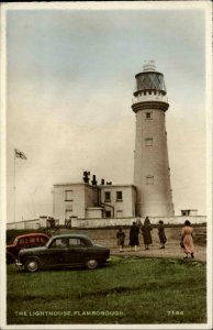 Flamborough Yorkshire Lighthouse & Cars Tinted Real Photo Postcard