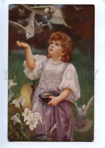 234558 LILY Girl w/ PIGEON Birds by ELSLEY Vintage color PC 
