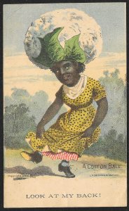 VICTORIAN TRADE CARD Diamond Mower Black Lady Huge Cotton Ball Plant Hat c1886