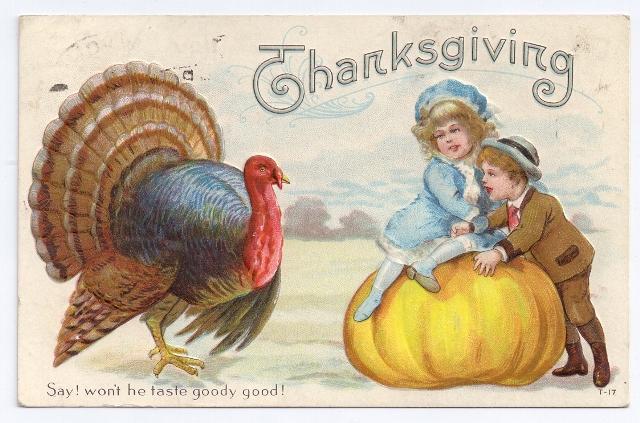 Children Pumpkin Turkey Wont He Taste Goody Good Vintage Thanksgiving Postcard