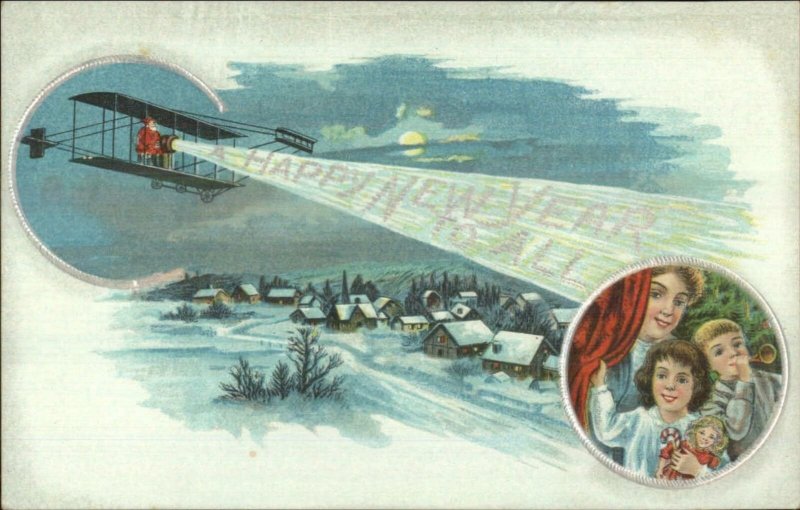 Christmas - Santa Claus Flying Airplane HAPPY NEW YEAR c1910 Postcard