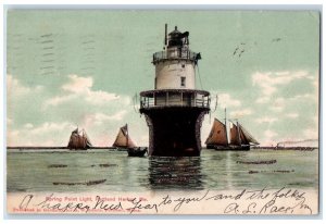 Portland Harbor Maine ME Postcard Spring Point Light Lighthouse Boat Glitter