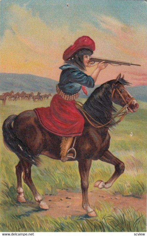 Cowgirl on a horse shooting a gun , 00-10s