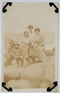 RPPC Seaside Ladies and Children Posing on the Rocks at the Beach Postcard W19