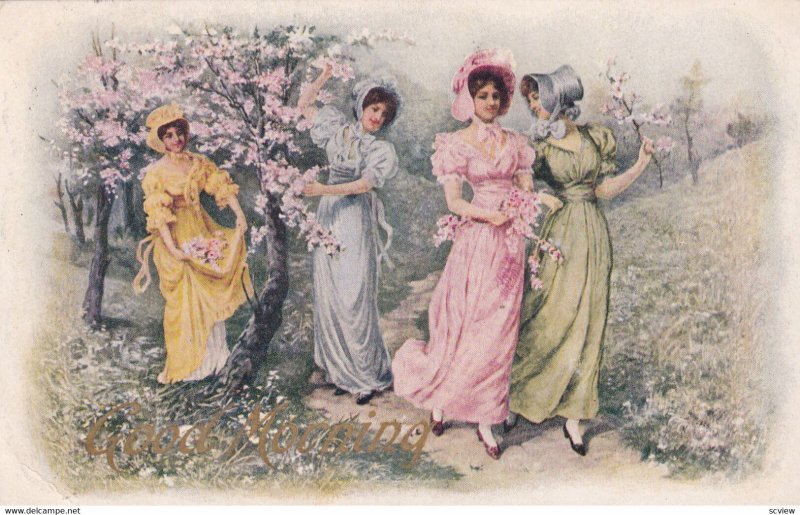 PU-1908; Goodm Morning, 4 Women Walking And Picking Flowers