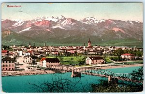 c1910s Rosenheim, Germany Birdseye Litho Photo Postcard Aerial Bavaria Color A27