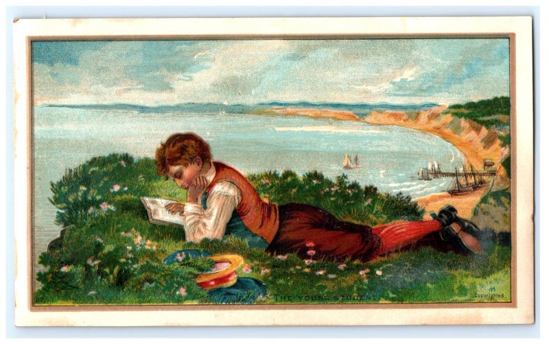 1880s-90s Victorian Trade Card The Young Student Sea Beach Cliff Ships #6E