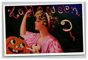 Vintage 1900's International Art Halloween Postcard Girl WIth Happy Face Pumpkin