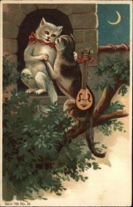 Cat Fantasy Romance Romantic Cat with Lute Woos Girl Vintage Postcard