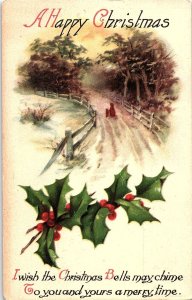 c1920 MERRY CHRISTMAS HOLLY SNOW SCENE KENESAW NEBRASKA POSTCARD 39-276