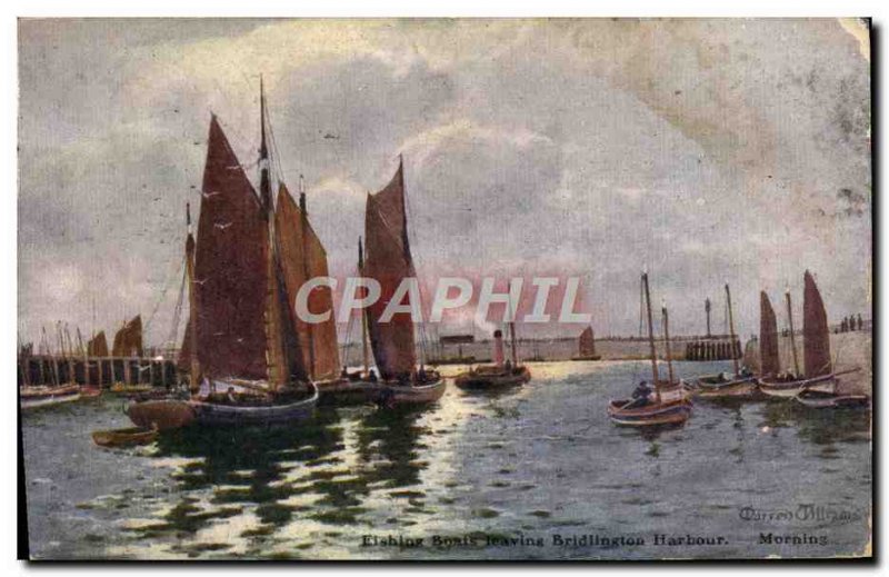 Postcard Old Shiping Boats Leavings Bridlington Harbor Morning