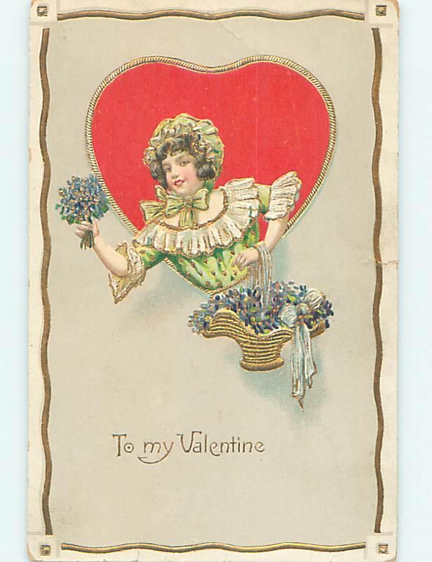 Divided-Back valentine PRETTY GIRL IN GREEN DRESS AND HAT WITH BASKET o5152