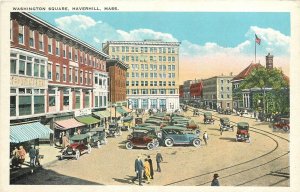 1920s Haverhill Massachusetts Washington Square autos people Postcard 25-11933