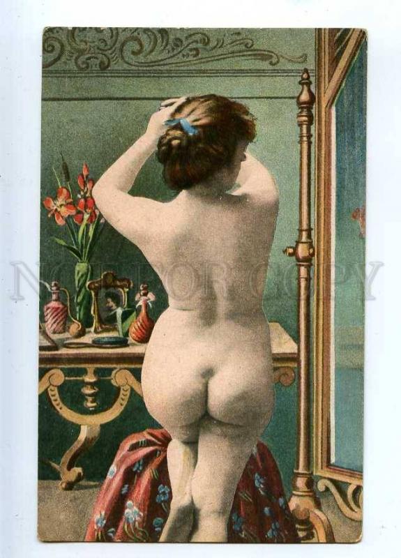 233759 Morning NUDE Belle Woman near MIRROR Vintage Color PC