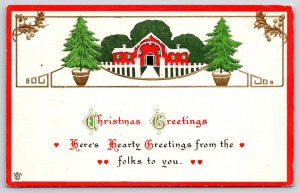 Christmas Greetings House And Pine Trees Holiday Wishes & Greetings Postcard