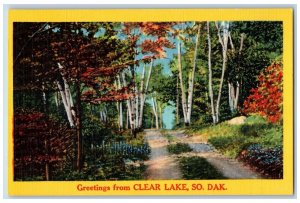 Clear Lake South Dakota SD Postcard Greetings Road Trees c1940 Vintage Antique