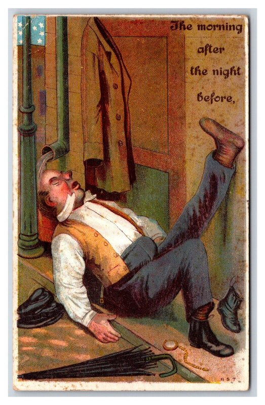 Comic Drunk Man in Doorway Morning After The NIght Before 1911 DB Postcard Q19