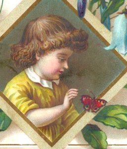 1880s Victorian Christmas Card Adorable Child Butterfly Bluebell Flowers #6L