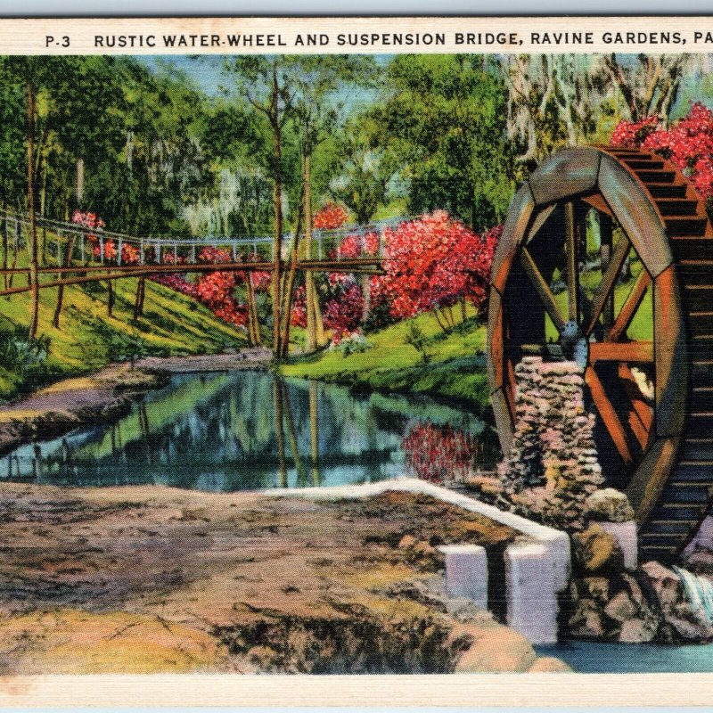 1934 Palatka, FL Rustic Water Wheel Suspension Bridge Beautiful Colorful PC A221