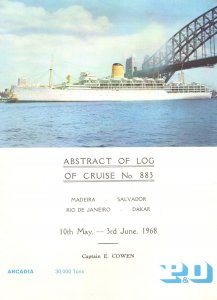 Abstract Of 1968 Log P&O Southampton Cruise SS Arcadia Ship Voyage