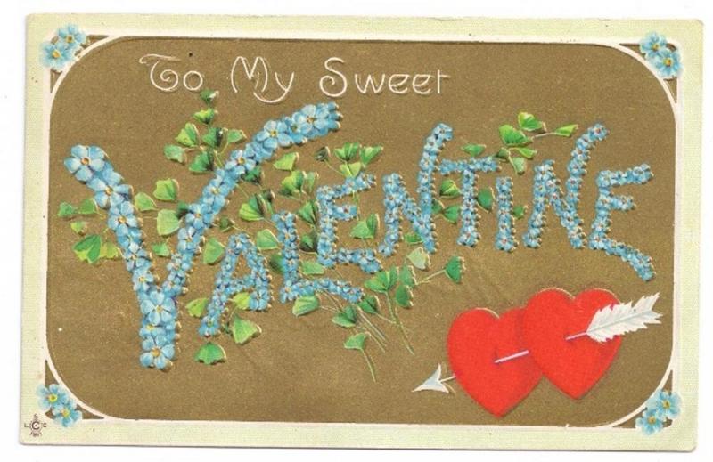 Large Letter Valentine Forget Me Nots Gold Vintage Postcard