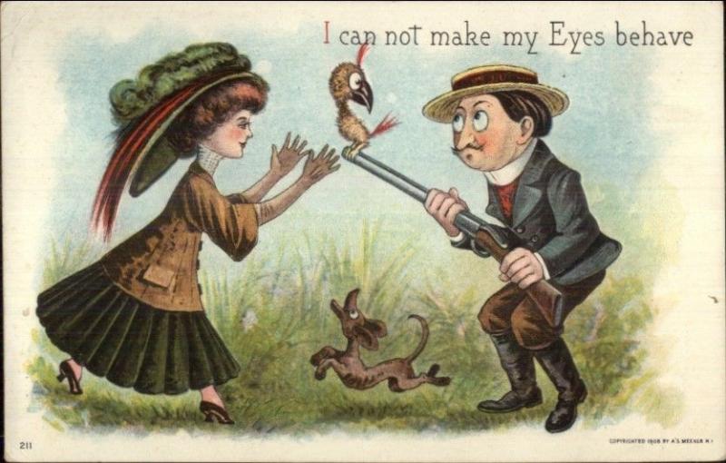 Guy Hunting w/ Gun 'Can not make my Eyes behave' Beautiful Woman - Postcard