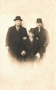 Vintage Postcard 1910's RPPC Three Men in Suits and Hats Photo Portrait