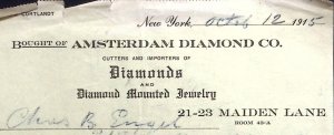 1915 NEW YORK AMSTERDAM DIAMOND CO. MAIDEN LANE BILLHEAD INVOICE Z191