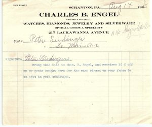 1908 CHARLES B ENGEL SCRANTON PA WATCHES DIAMONDS JEWELRY BILLHEAD INVOICE Z2291
