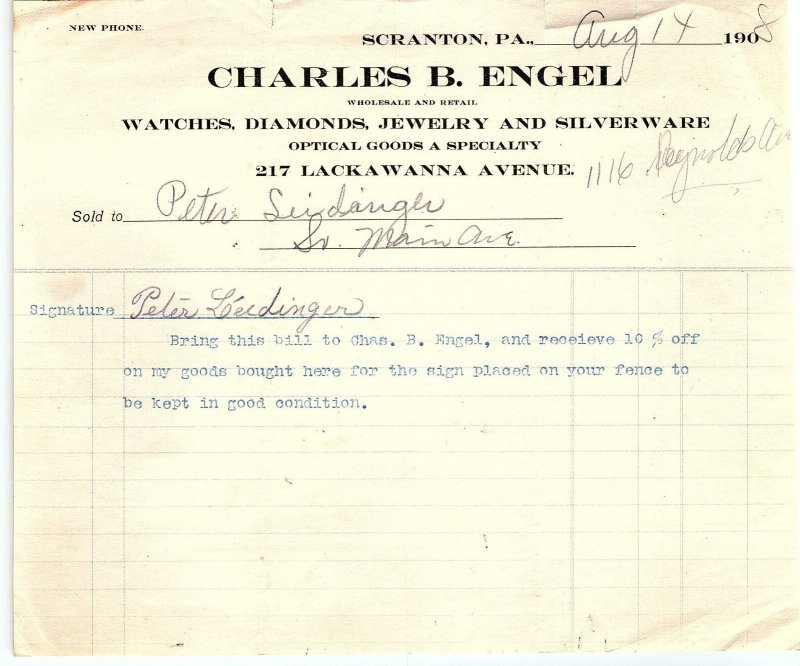 1908 CHARLES B ENGEL SCRANTON PA WATCHES DIAMONDS JEWELRY BILLHEAD INVOICE Z2291