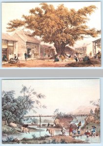 2 Postcards HONG KONG Artist Auguste Borget VILLAGE SQUARE ~BAMBOO AQUEDUCT 4x6