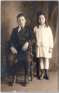 Portrait Of A Brother And Sister Antique Black & White RPPC Photo Postcard