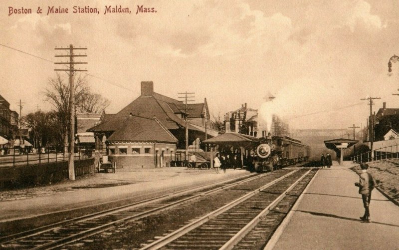 C.1910 Boston & Maine Train Station, Malden, Mass. Postcard P175 