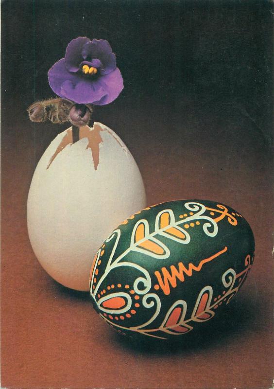 Penciled pattern folk easter egg & flower postcard