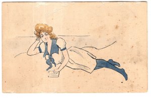 Vintage Watercolour of Woman on Beach in Victorian Bathing Costume