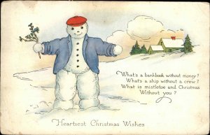 Christmas Dressed Snowman Holds Holly c1900s-20s Postcard