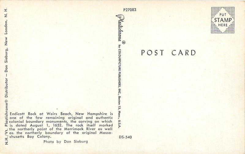 Weirs Beach New Hampshire~Endicott Rock Statue~1950s Postcard