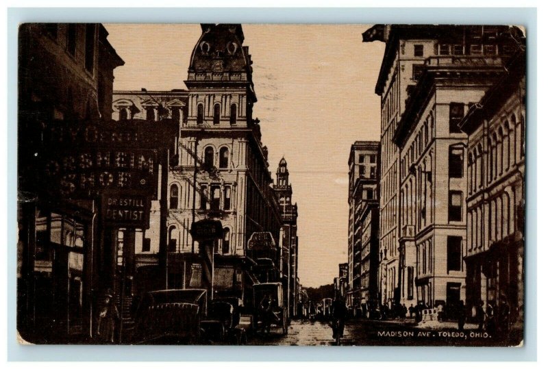 c. 1910 Downtown Madison Ave Drestill Dentist Cars Signs Toledo, OH Postcard P15 