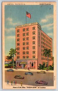 Miami Florida~Hotel Patricia Street View~Flag~Palms~c1930s Autos~1936 Linen PC