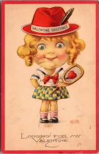 Valentine Postcard Large Headed Girl Playing Tennis Longing For my Valentine