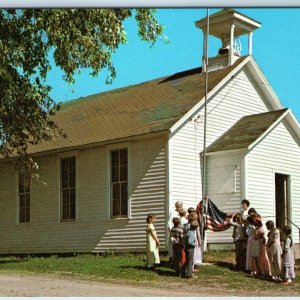 c1960s Mt. Pleasant, IA One Room School Bell Tower Chrome Postcard Flag A101