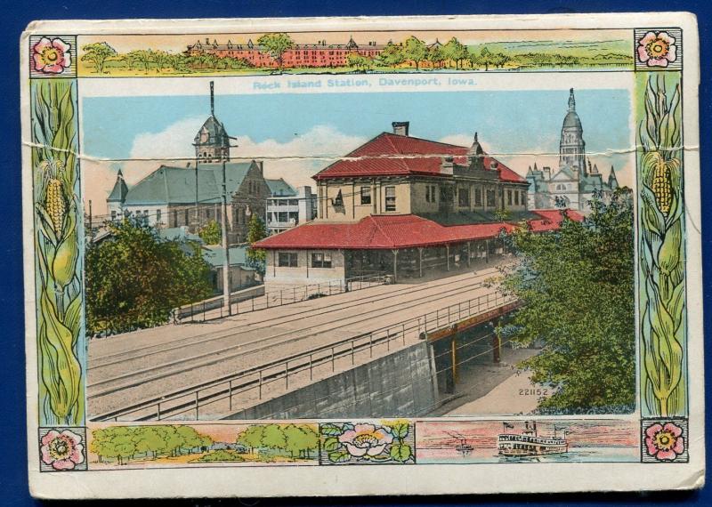 Davenport Iowa ia 1920s Rock Island railroad depot steamers postcard folder