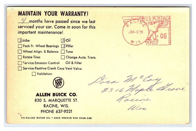 1909 Middleby Postcard Service Notice Allen Buick Co. Racine Wisconsin